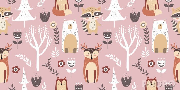 Behang adorable animal illustration seamless pattern for kids project, fabric, scrapbooking, crafting, invitation and many more