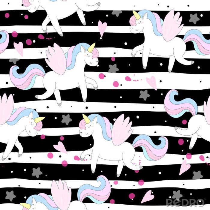 Behang Afbeeldingen met eenhoorns op een gestreepte achtergrond