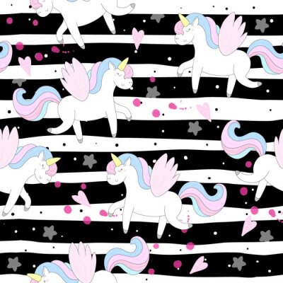 Behang Afbeeldingen met eenhoorns op een gestreepte achtergrond