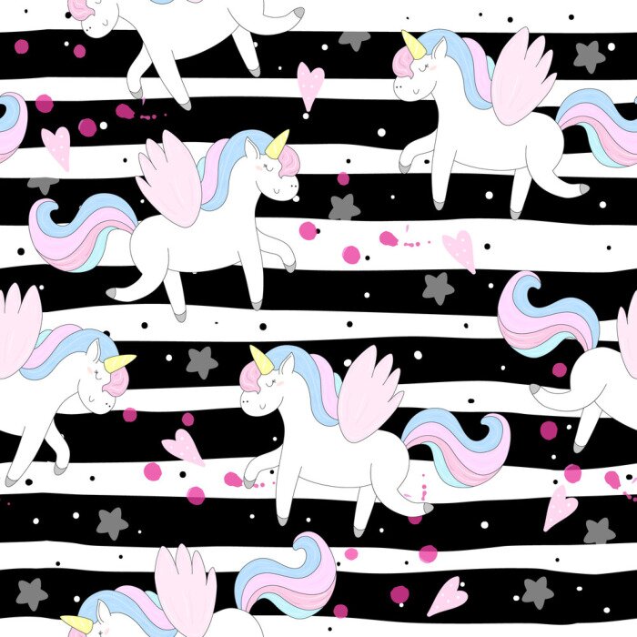 Behang Afbeeldingen met eenhoorns op een gestreepte achtergrond