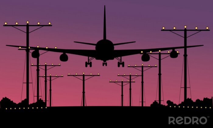 Behang Airliner landing bij zonsondergang