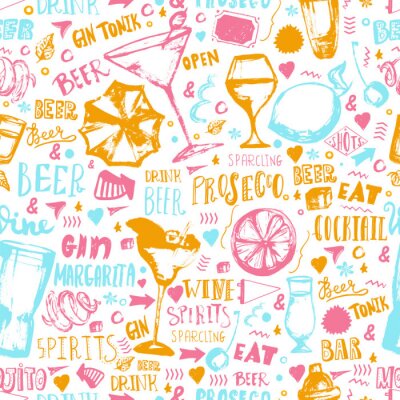 Behang Alcohol drinken patroon ontwerp met grunge bril en belettering. Hand getrokken pub achtergrond