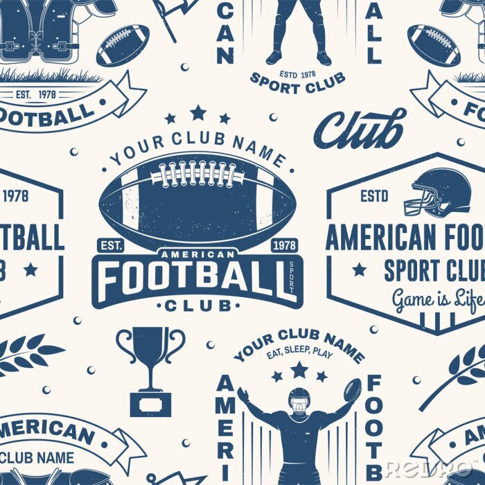 Behang American football seamless pattern, background. Vector. Seamless sport pattern with sportsman player, helmet, ball and shoulder pads silhouette. American football sport club texture.