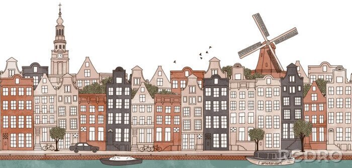 Behang Amsterdam, Nederland - naadloze banner van de skyline van Amsterdam, getrokken hand en digitaal gekleurde inkt illustratie