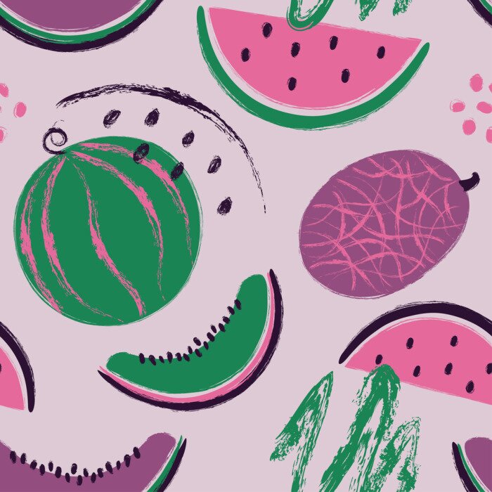 Behang Ananas en meloenen in de kleuren groen en roze