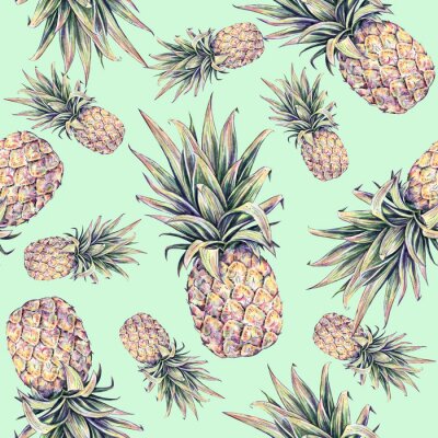 Behang Ananas tropisch fruit op een blauwe achtergrond