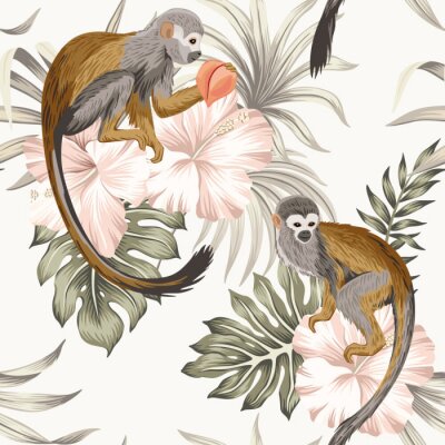 Behang Apen die op tropische bloemen zitten