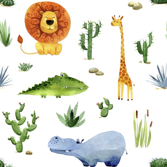 Behang Aquarel Afrikaanse dieren en planten