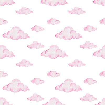 Behang Aquarel baby douche patroon. Roze wolken op de witte achtergrond. Voor ontwerp, print of achtergrond