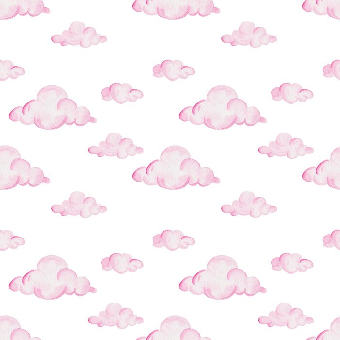 Behang Aquarel baby douche patroon. Roze wolken op de witte achtergrond. Voor ontwerp, print of achtergrond