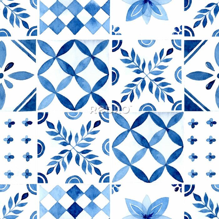 Behang Aquarel blauwe azulejos tegels