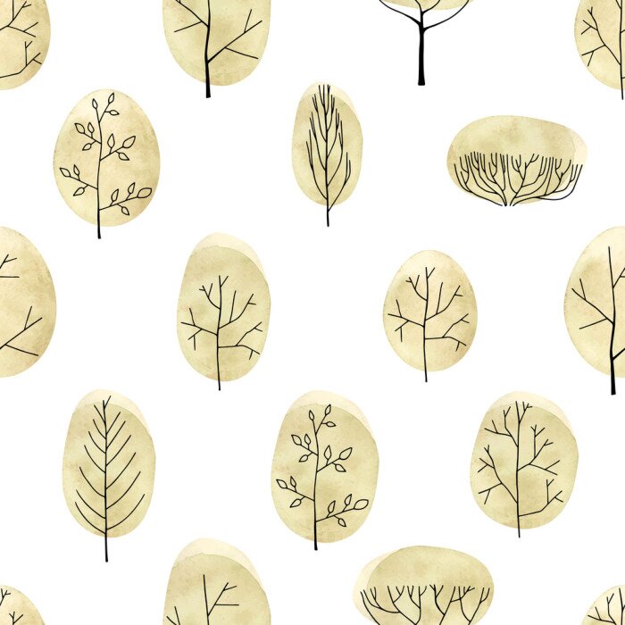 Behang Aquarel bomen naadloze patroon op witte achtergrond