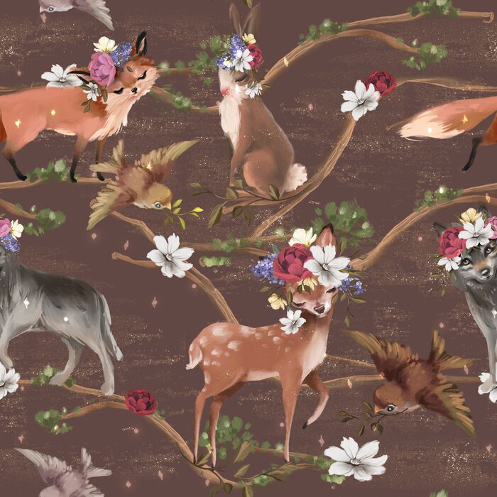 Behang Aquarel bosdieren en bloemen