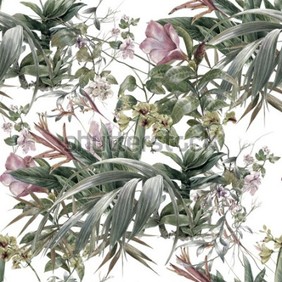 Behang Aquarel delicate bladeren en bloemen