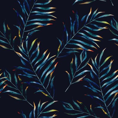 Behang Aquarel exotische naadloze patroon, groene tropische bladeren, botanische zomer illustratie op zwarte achtergrond