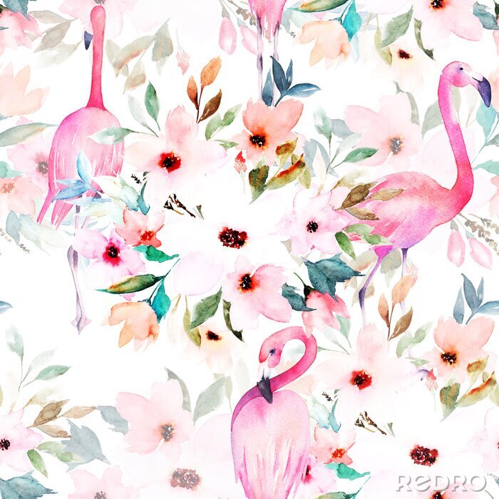 Behang Aquarel flamingo's en bloemen op een licht patroon