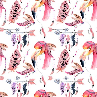 Behang Aquarel flamingo's en vogelveren