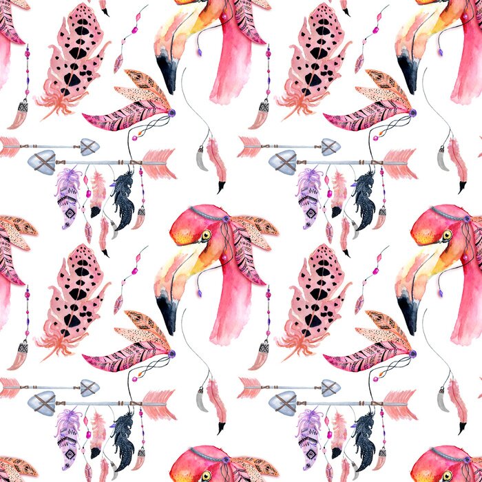 Behang Aquarel flamingo's en vogelveren