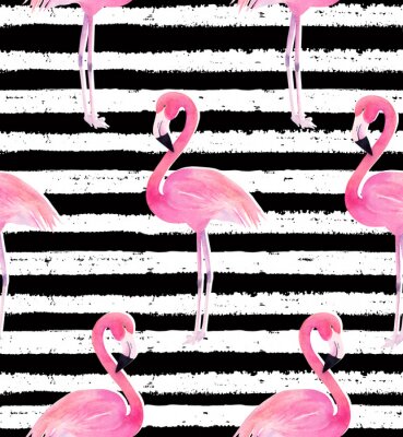 Behang Aquarel flamingo's op zwarte en witte strepen