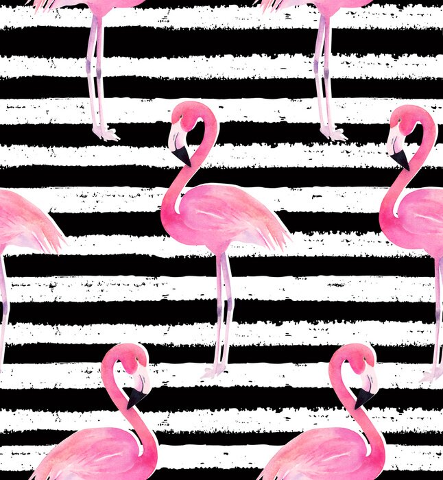 Behang Aquarel flamingo's op zwarte en witte strepen