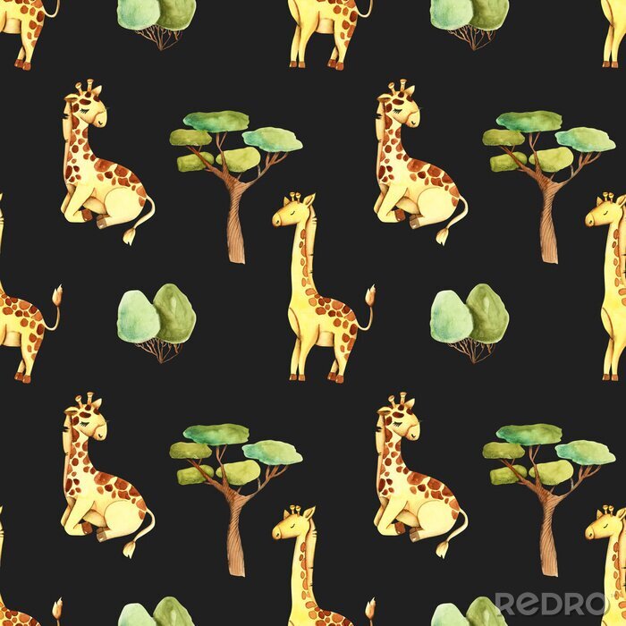 Behang Aquarel giraffen en bomen op een zwarte achtergrond