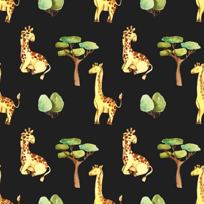 Behang Aquarel giraffen en bomen op een zwarte achtergrond