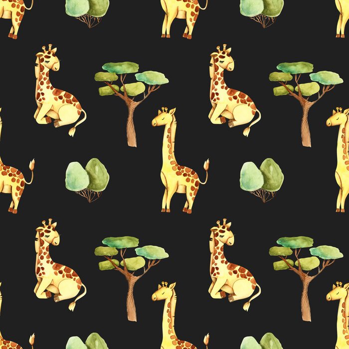Behang Aquarel giraffen en bomen op een zwarte achtergrond