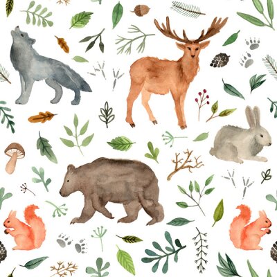 Behang aquarel handgeschilderde bosdieren. bruine beer, fawn, konijn, wolf, eekhoorn. bosdieren naadloze patroon.