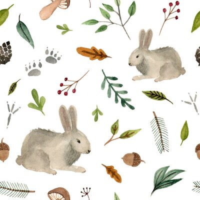 aquarel handgeschilderde dieren - konijn. bos team naadloze patroon op een witte achtergrond