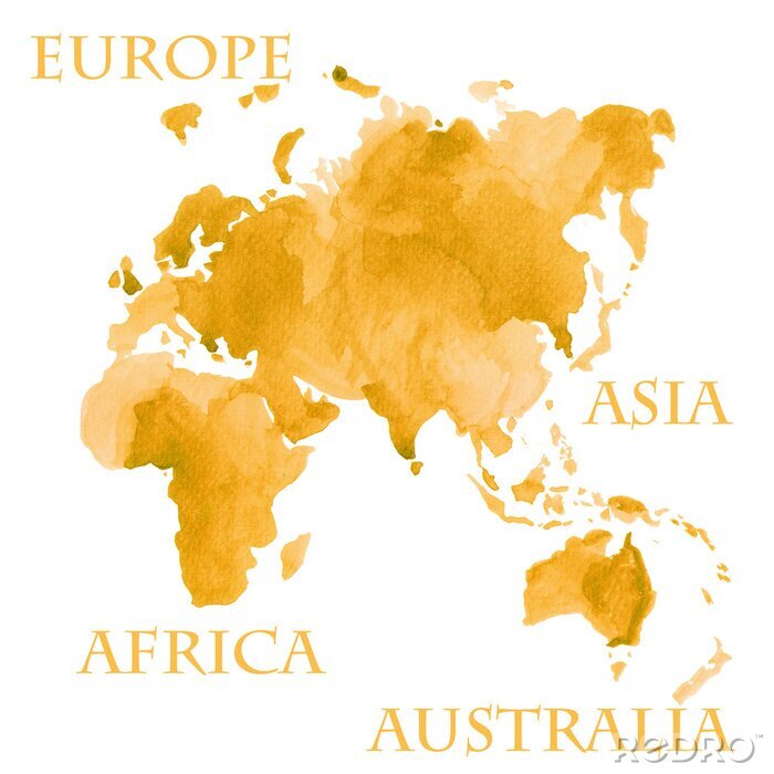 Behang Aquarel illustratie van delen van de wereldkaart zoals Europa, Azië, Afrika en Australië geschilderd in sepia gouden inkt