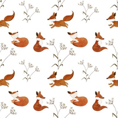 Behang Aquarel kleine vossen en veldbloemen