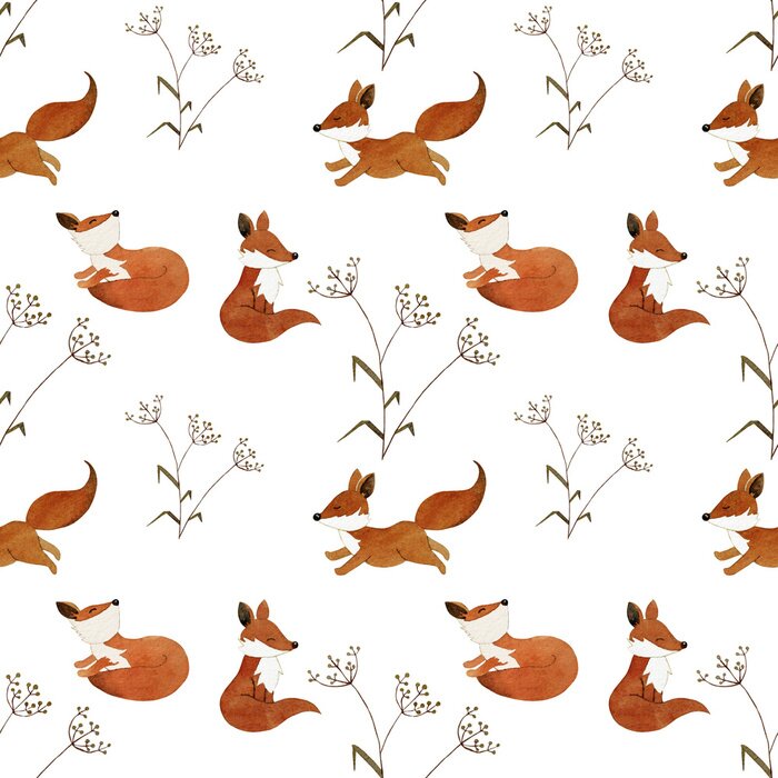 Behang Aquarel kleine vossen en veldbloemen