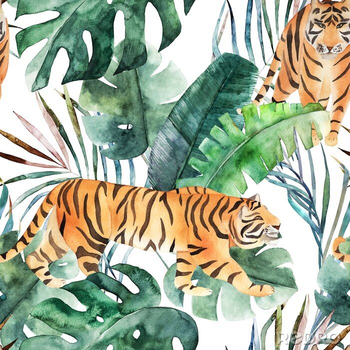 Behang Aquarel met een tijger en een jungle