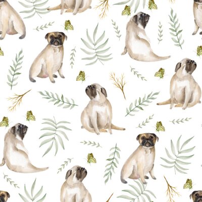 Behang Aquarel mops honden en vlinders