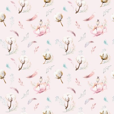 Behang Aquarel naadloze bloemmotief met katoen. Boheemse natuurlijke patronen: bladeren, veren, bloemen, roze witte achtergrond. Artistieke decoratieillustratie. Textiel ontwerp