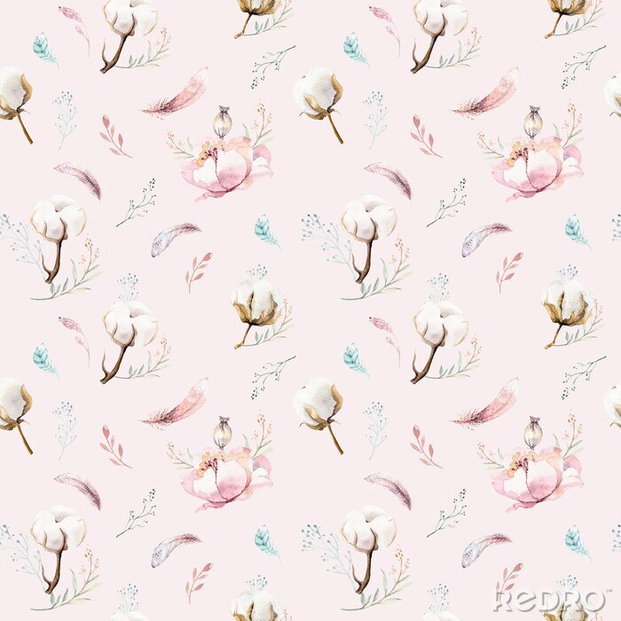 Behang Aquarel naadloze bloemmotief met katoen. Boheemse natuurlijke patronen: bladeren, veren, bloemen, roze witte achtergrond. Artistieke decoratieillustratie. Textiel ontwerp