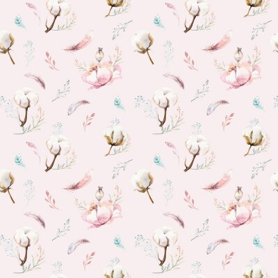 Behang Aquarel naadloze bloemmotief met katoen. Boheemse natuurlijke patronen: bladeren, veren, bloemen, roze witte achtergrond. Artistieke decoratieillustratie. Textiel ontwerp