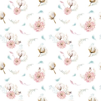 Behang Aquarel naadloze bloemmotief met katoen. Boheemse natuurlijke patronen: bladeren, veren, bloemen, roze witte achtergrond. Artistieke decoratieillustratie. Textiel ontwerp
