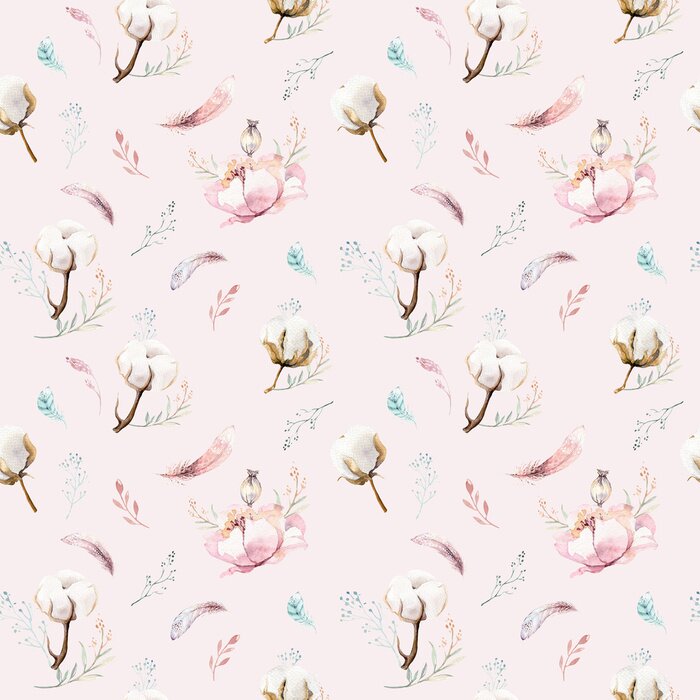 Behang Aquarel naadloze bloemmotief met katoen. Boheemse natuurlijke patronen: bladeren, veren, bloemen, roze witte achtergrond. Artistieke decoratieillustratie. Textiel ontwerp