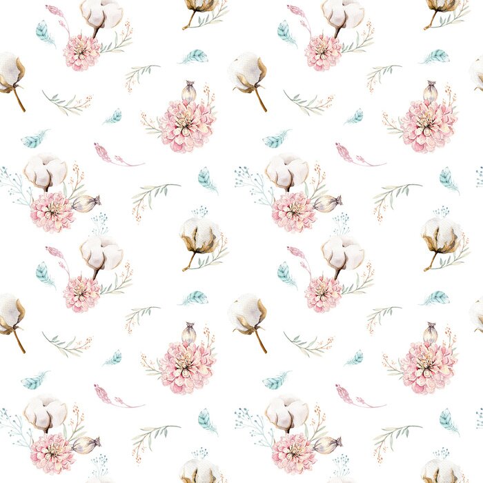 Behang Aquarel naadloze bloemmotief met katoen. Boheemse natuurlijke patronen: bladeren, veren, bloemen, roze witte achtergrond. Artistieke decoratieillustratie. Textiel ontwerp