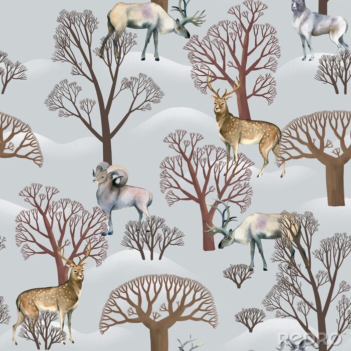 Behang Aquarel naadloze patroon Wilde dieren, herten, elanden, schapen, elanden tussen kale winterbomen