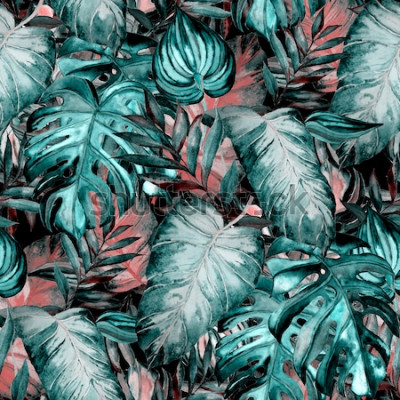 Behang Aquarel palmbladeren op een roze achtergrond