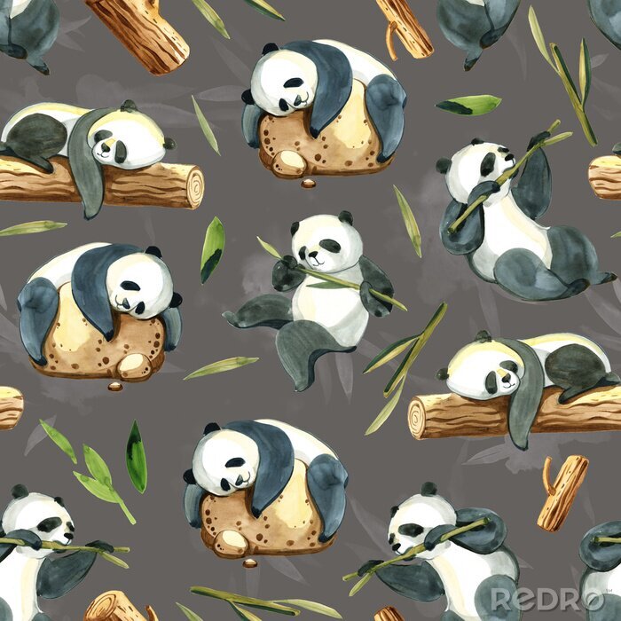 Behang Aquarel panda's met bamboe