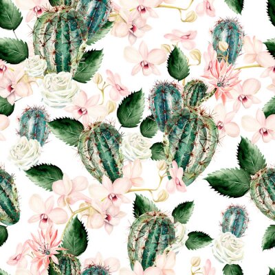Behang Aquarel patroon met cactus, roos en orchideeën.