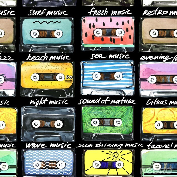 Behang aquarel patroon met Retro Cassettes. Audiocassettes illustratie.