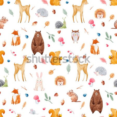 Behang Aquarel patroon met schattige dieren, bossen patroon, baby wallpapers. herten, eekhoorn, vos, beer, uil, egel, slak, bessen en bladeren