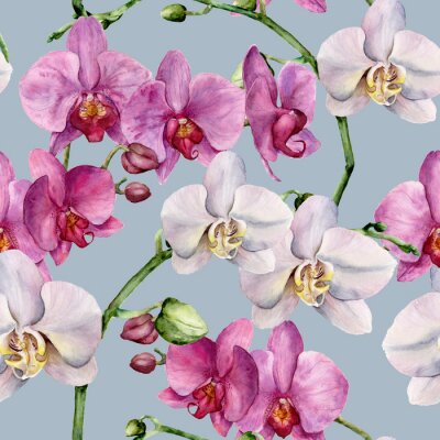 Behang Aquarel patroon met witte en roze orchideeën. Hand geschilderde bloemen botanische ornament. Voor ontwerp, stof of afdrukken.