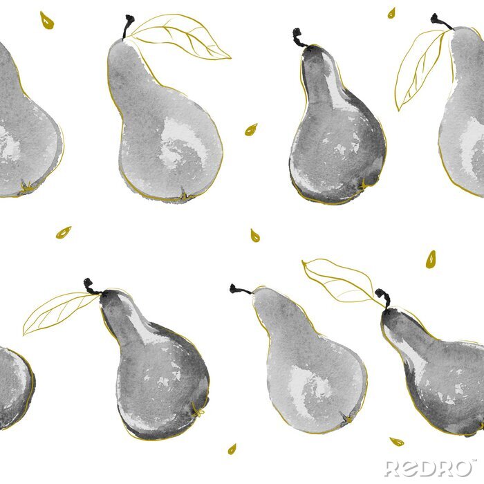 Behang Aquarel peren naadloze hand getekend patroon met zaden en gouden bladeren
