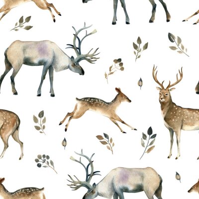 Behang Aquarel realistische bos dieren schets. Seamles-patroon over herten, herten, elanden en bladeren