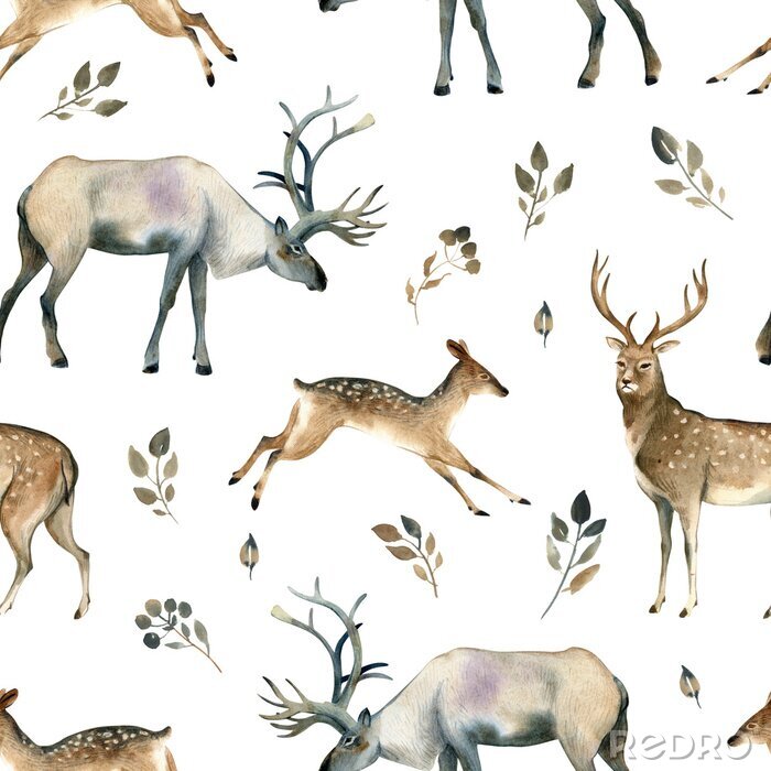 Behang Aquarel realistische bos dieren schets. Seamles-patroon over herten, herten, elanden en bladeren
